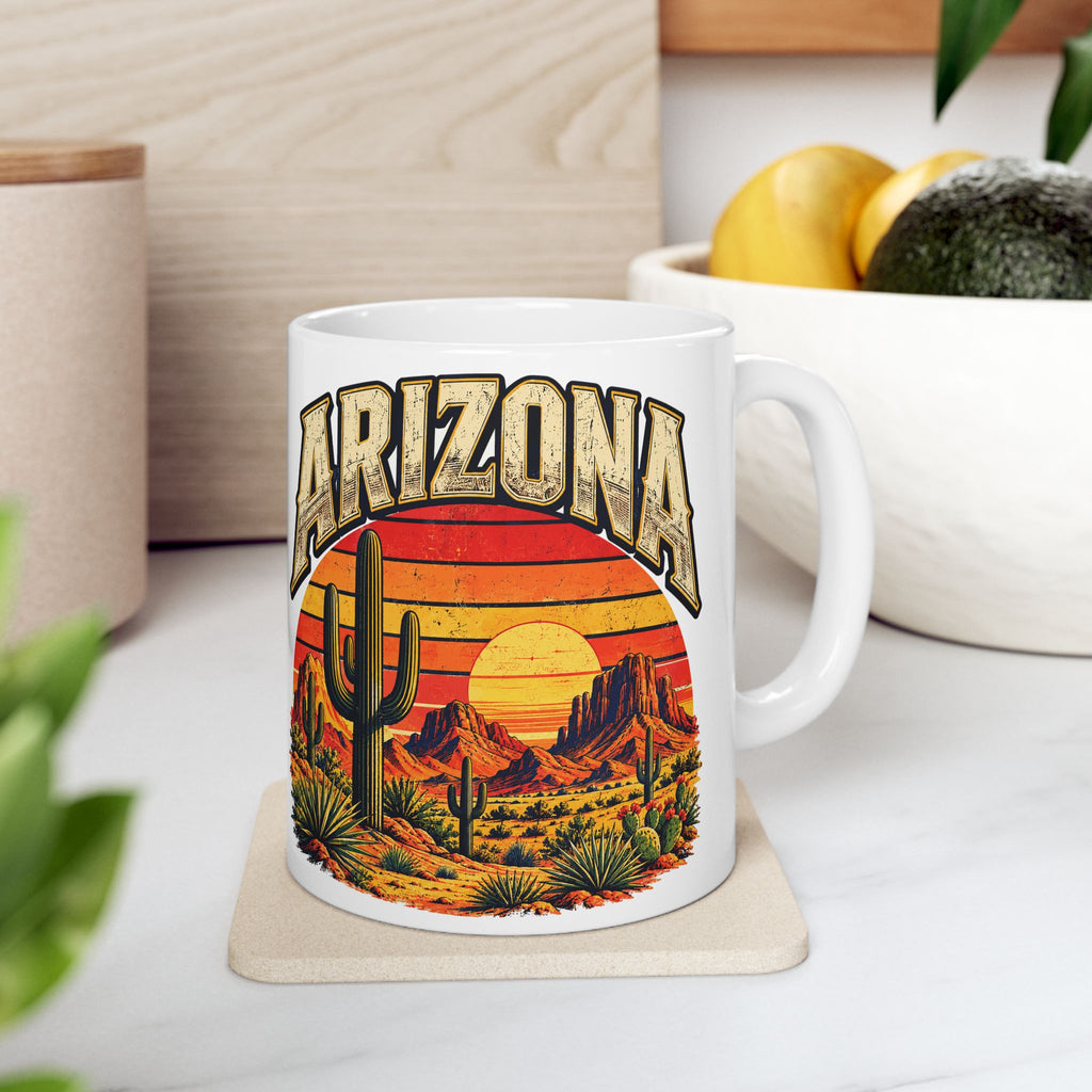 Arizona Saguaro Sunset coffee mug, vintage desert cactus design