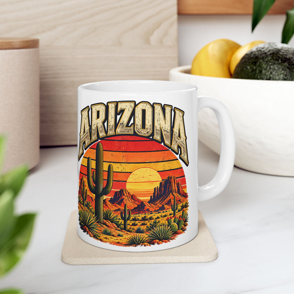 Arizona Saguaro Sunset coffee mug, vintage desert cactus design
