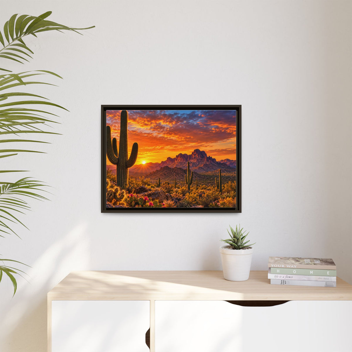 Framed Sonoran Desert sunset canvas, Arizona landscape wall art