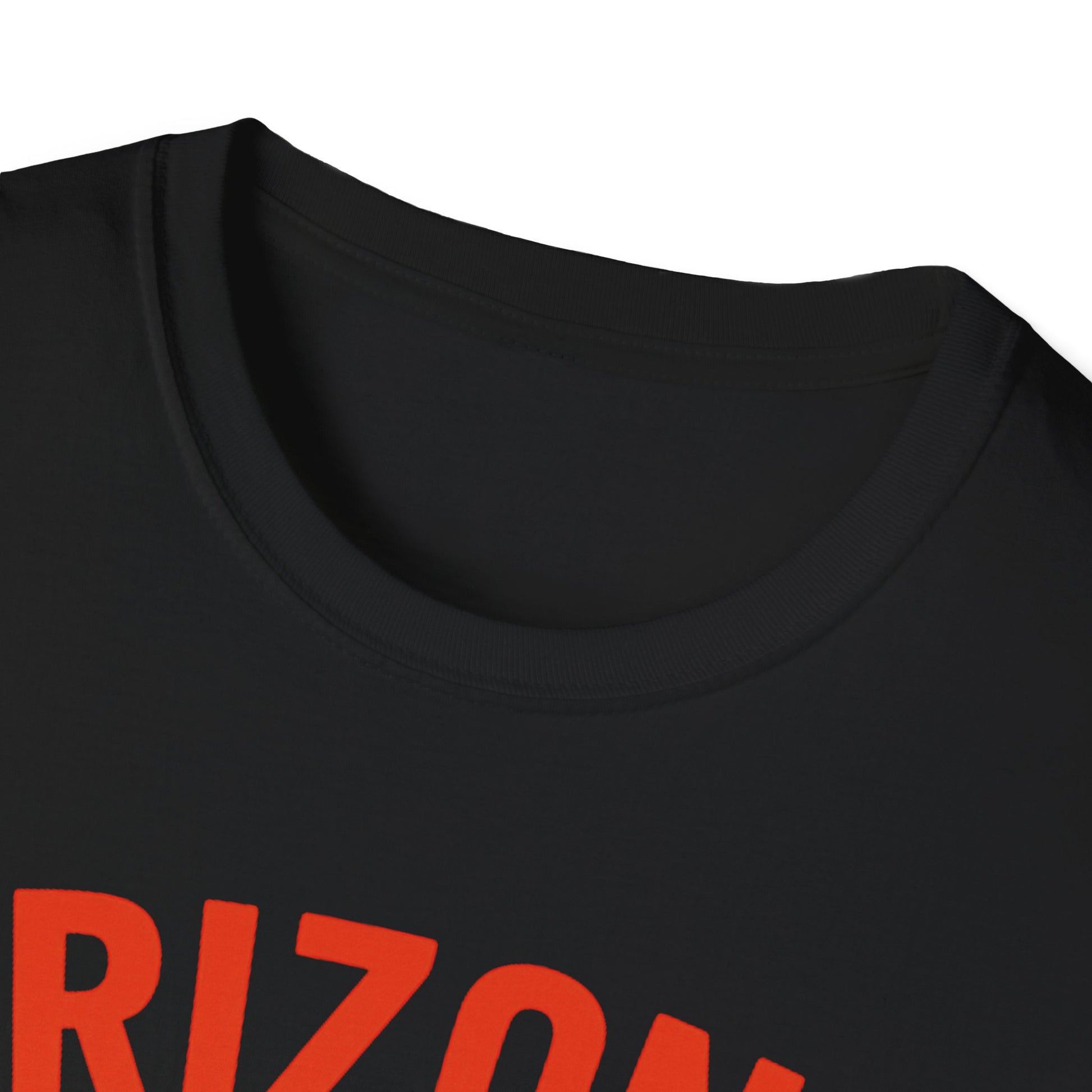 Close-up of the Arizona Flip-Flop Summer T-Shirt neckline, showcasing its comfortable crew design in black.
