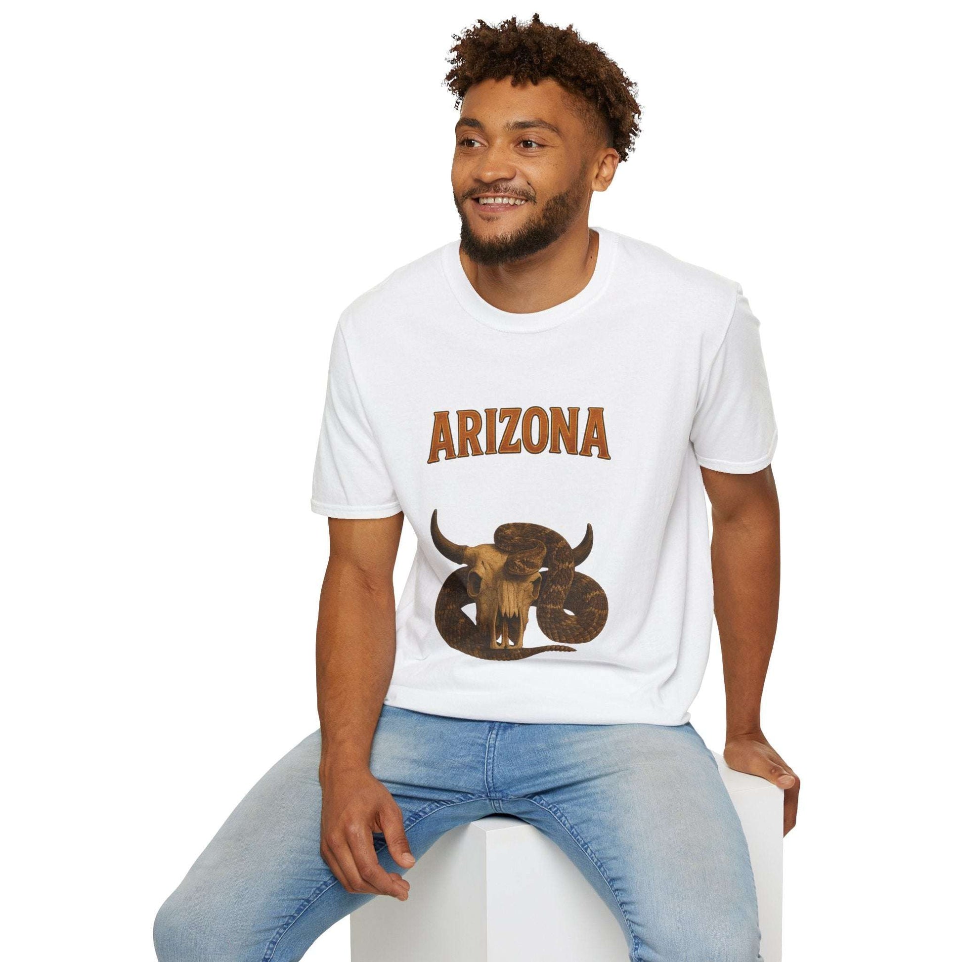 Arizona graphic t-shirt featuring a bull design, worn by a man, perfect for casual outings and relaxed days.
