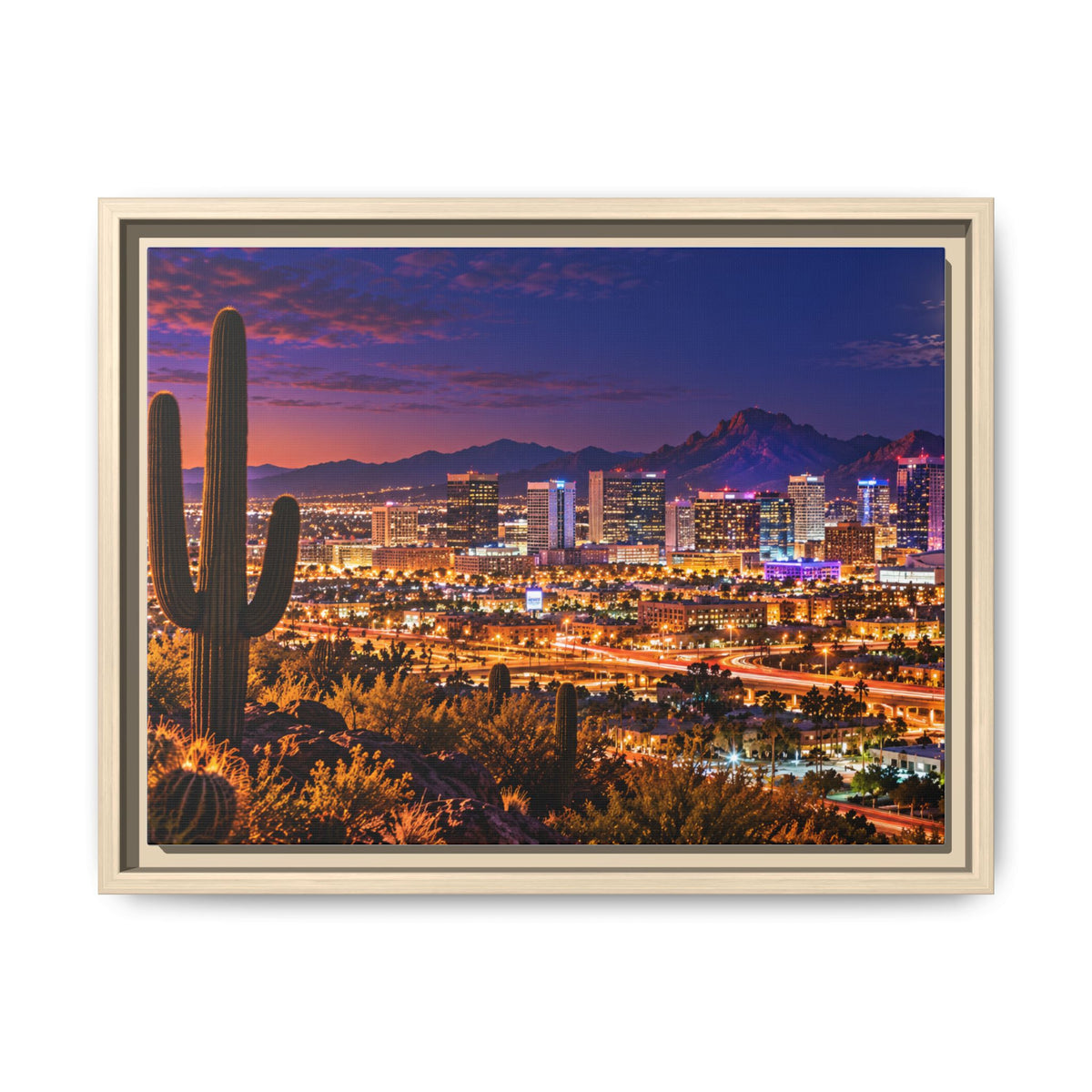 Framed Phoenix skyline canvas with saguaro cactus, Arizona wall art