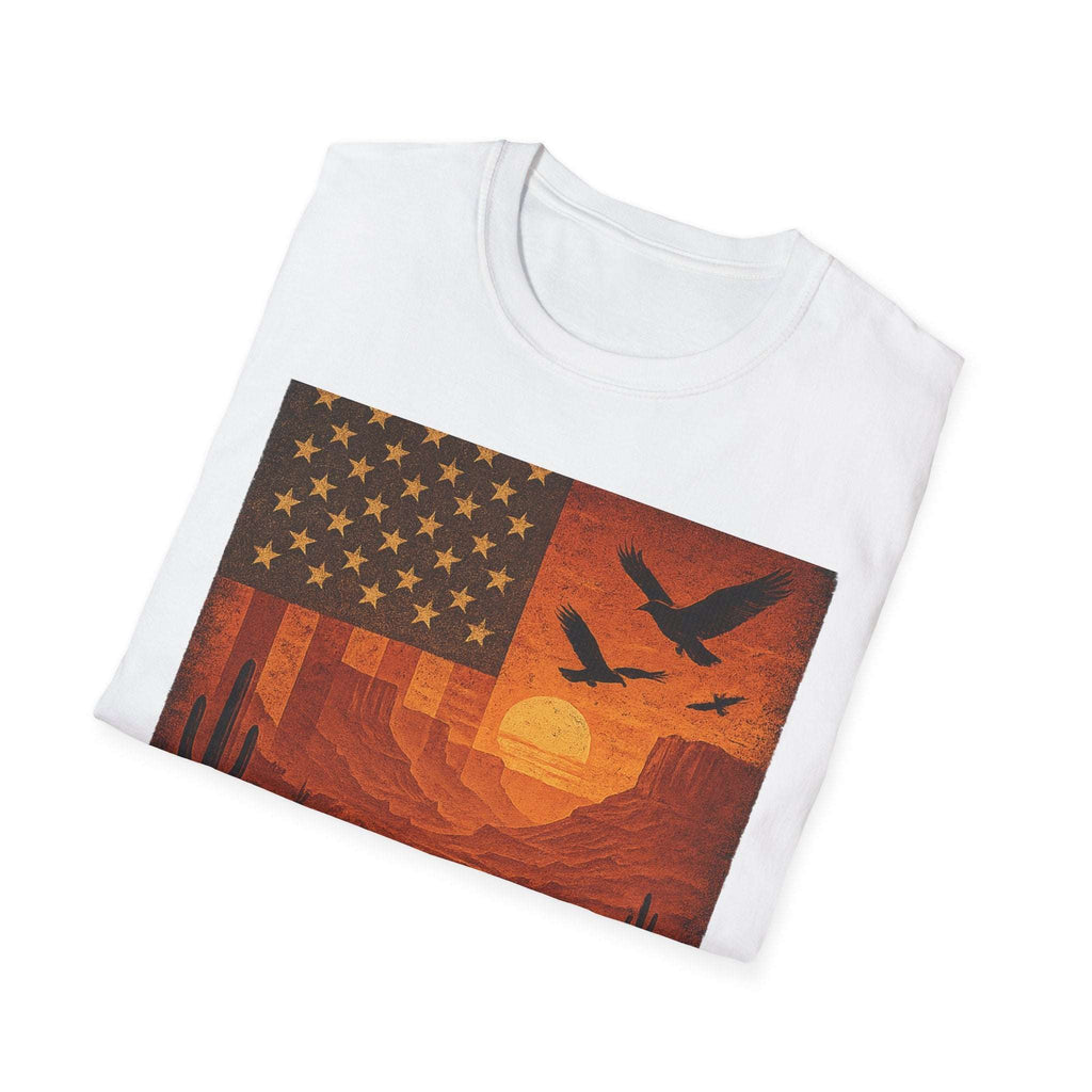 Arizona sunset unisex softstyle t-shirt featuring vintage desert graphic with eagle and star design.