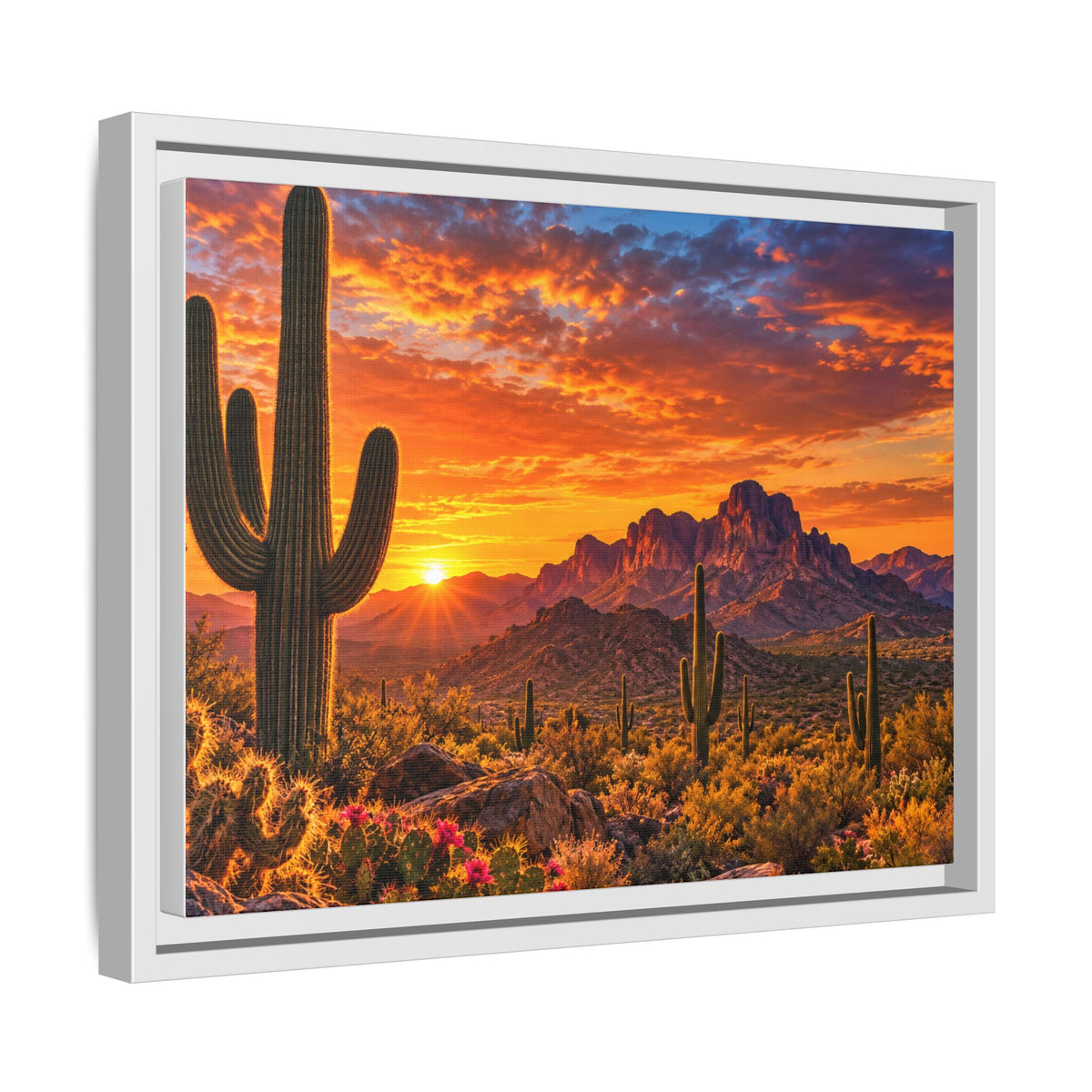 Arizona desert sunset framed canvas print with saguaro cactus and red mountains
