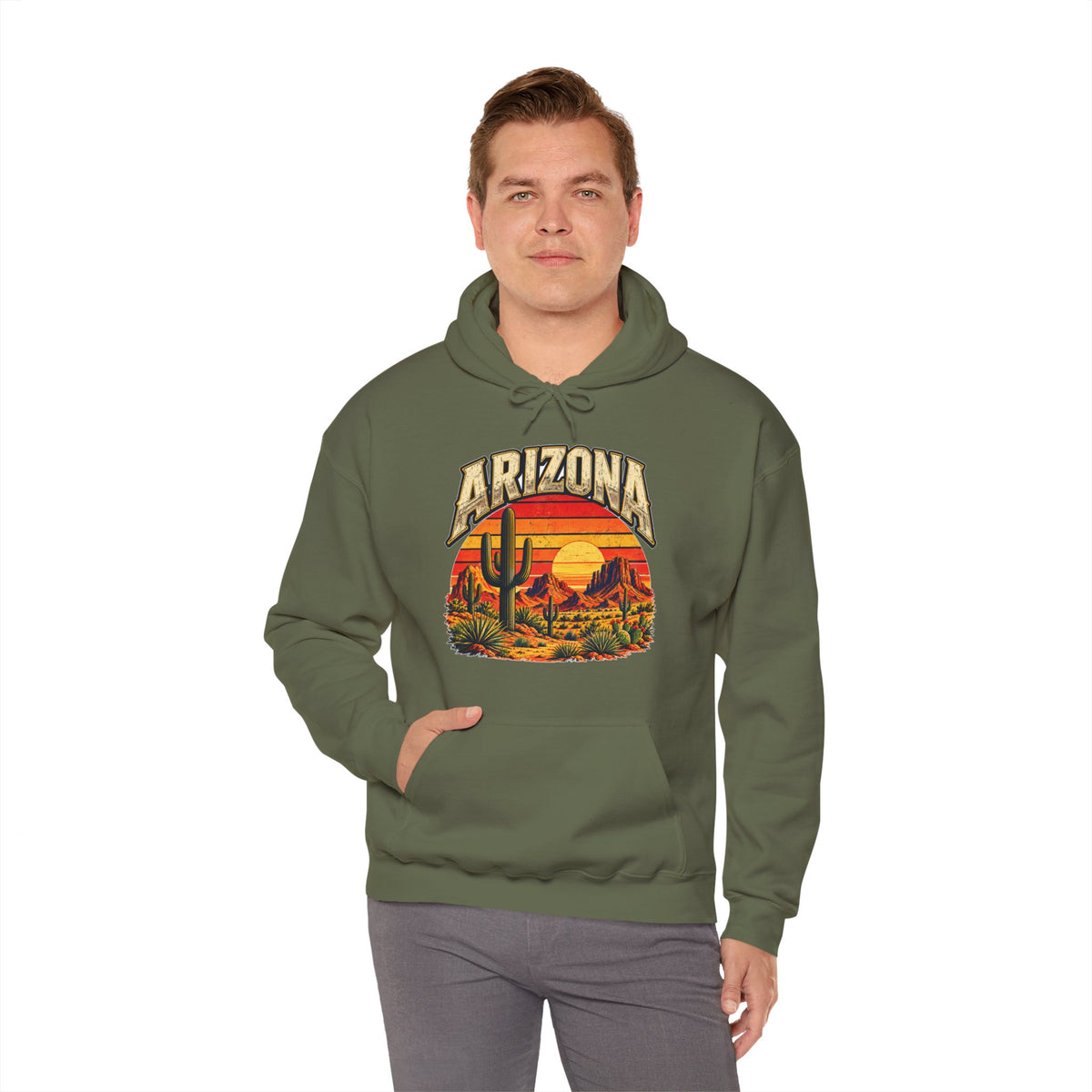 Woman wearing sand Arizona Saguaro Sunset Hoodie