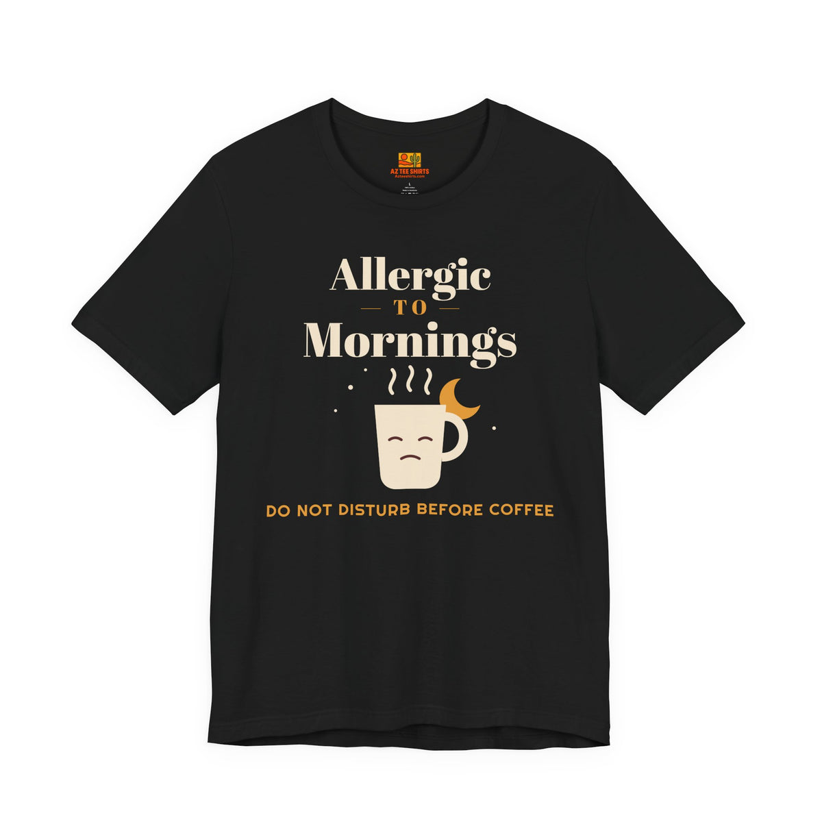 Allergic to Mornings T-shirt in black with grumpy coffee mug and crescent moon, funny coffee lover tee