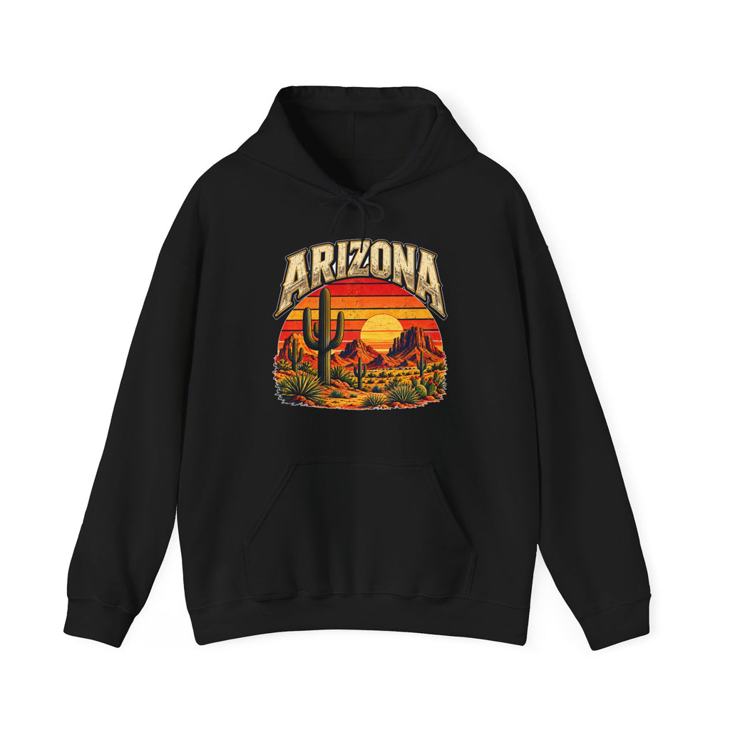 Arizona Saguaro Sunset Hoodie in black, vintage desert cactus pullover