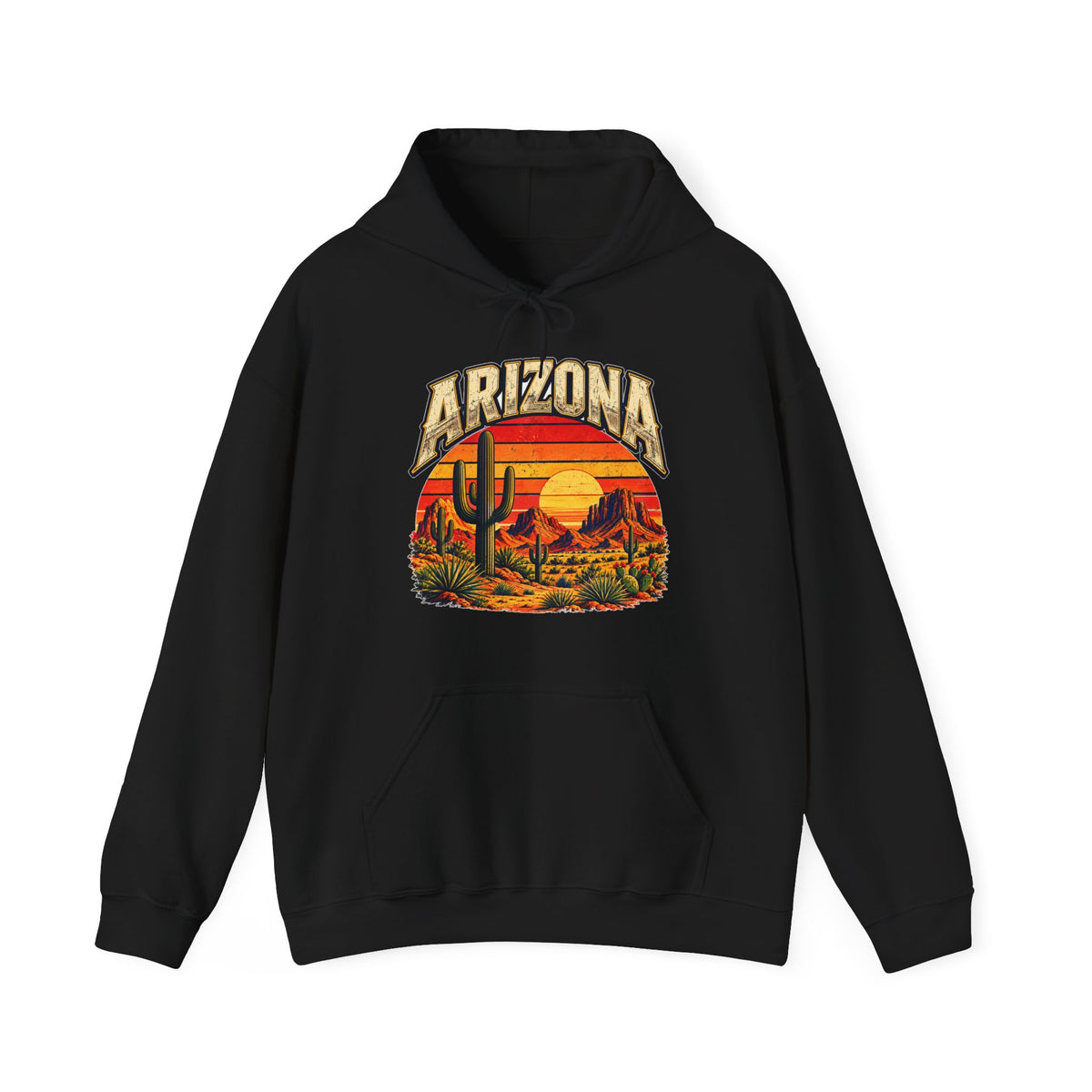 Arizona Saguaro Sunset Hoodie in black, vintage desert cactus pullover