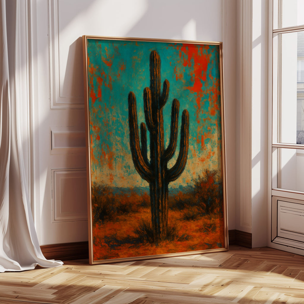 Lone Saguaro abstract cactus painting under turquoise and crimson sky, view 8