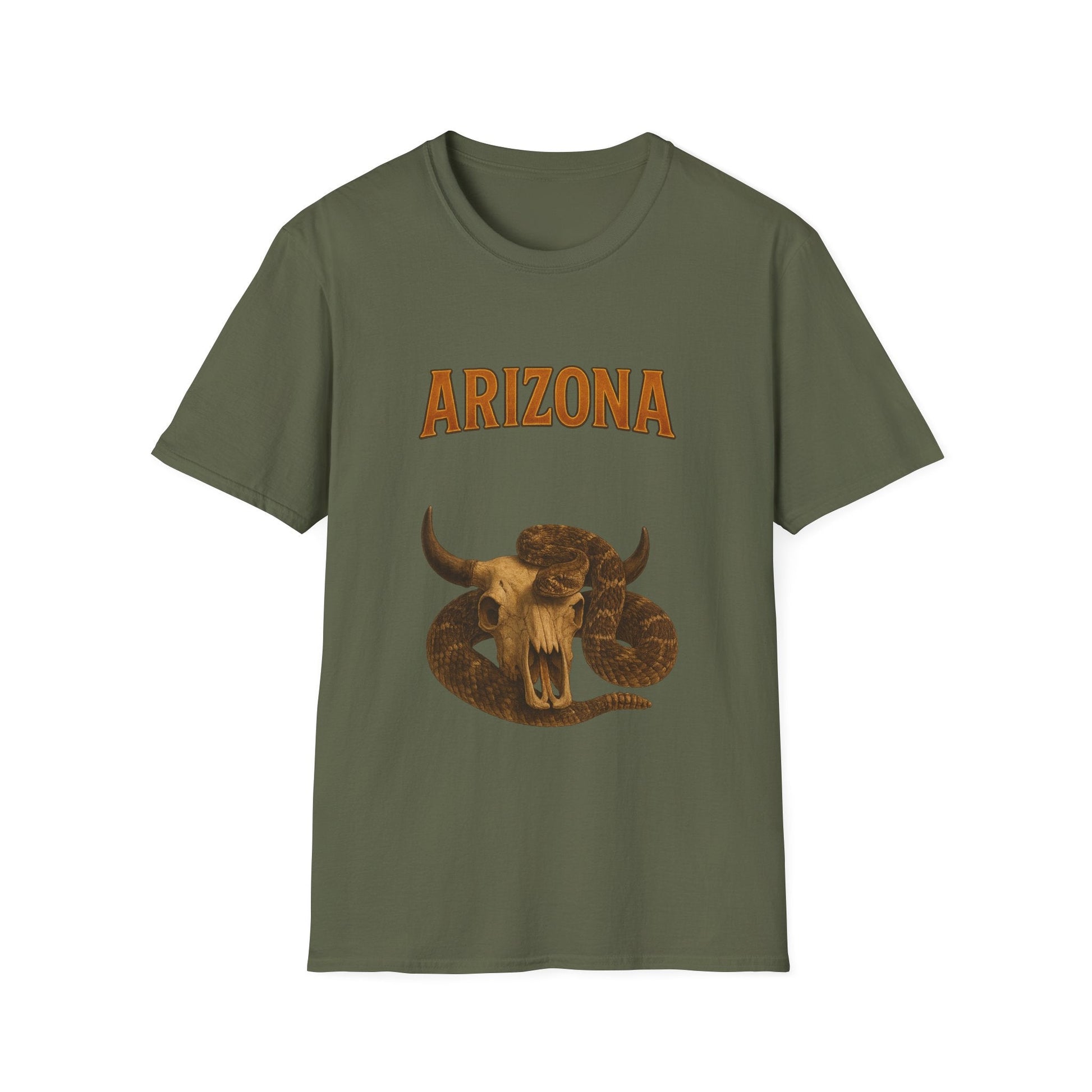Arizona graphic unisex softstyle tee with rattlesnake and bull skull design, perfect for casual wear.