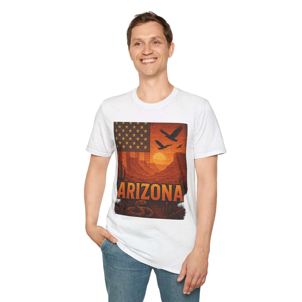 Smiling man wearing Arizona Sunset Unisex Softstyle T-Shirt with vintage desert graphic.