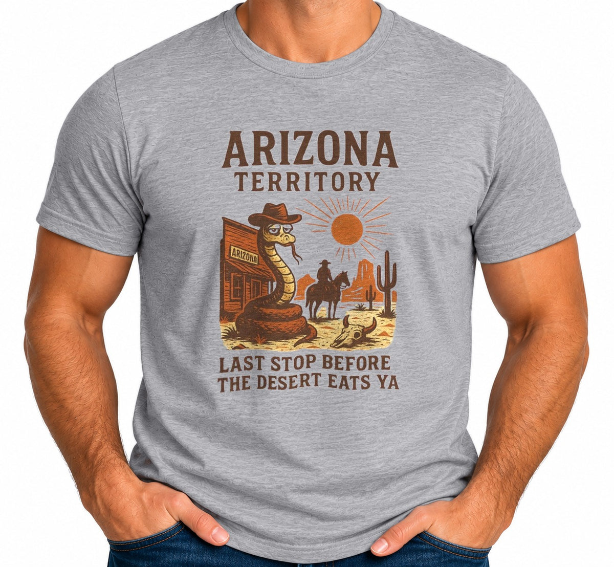 Man wearing the Last Stop Before the Desert Eats Ya T-Shirt