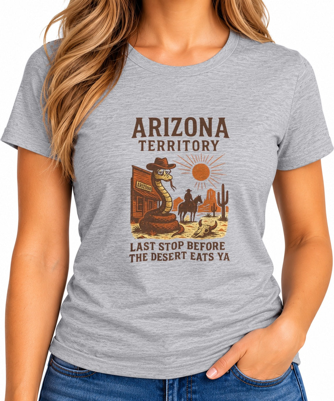 Woman wearing the Last Stop Before the Desert Eats Ya T-Shirt
