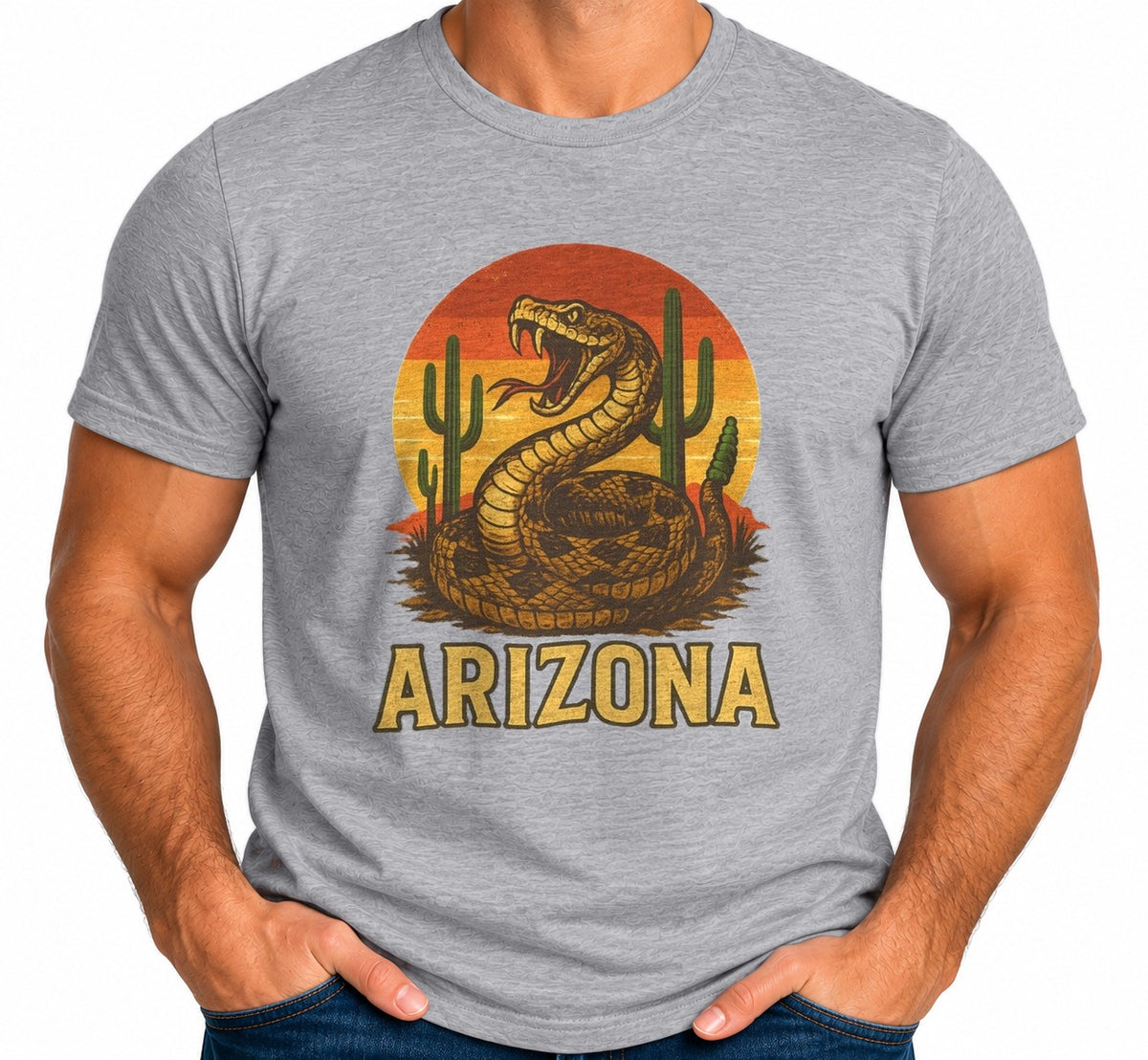 Man wearing the Arizona Rattlesnake Vintage Sunset T-Shirt
