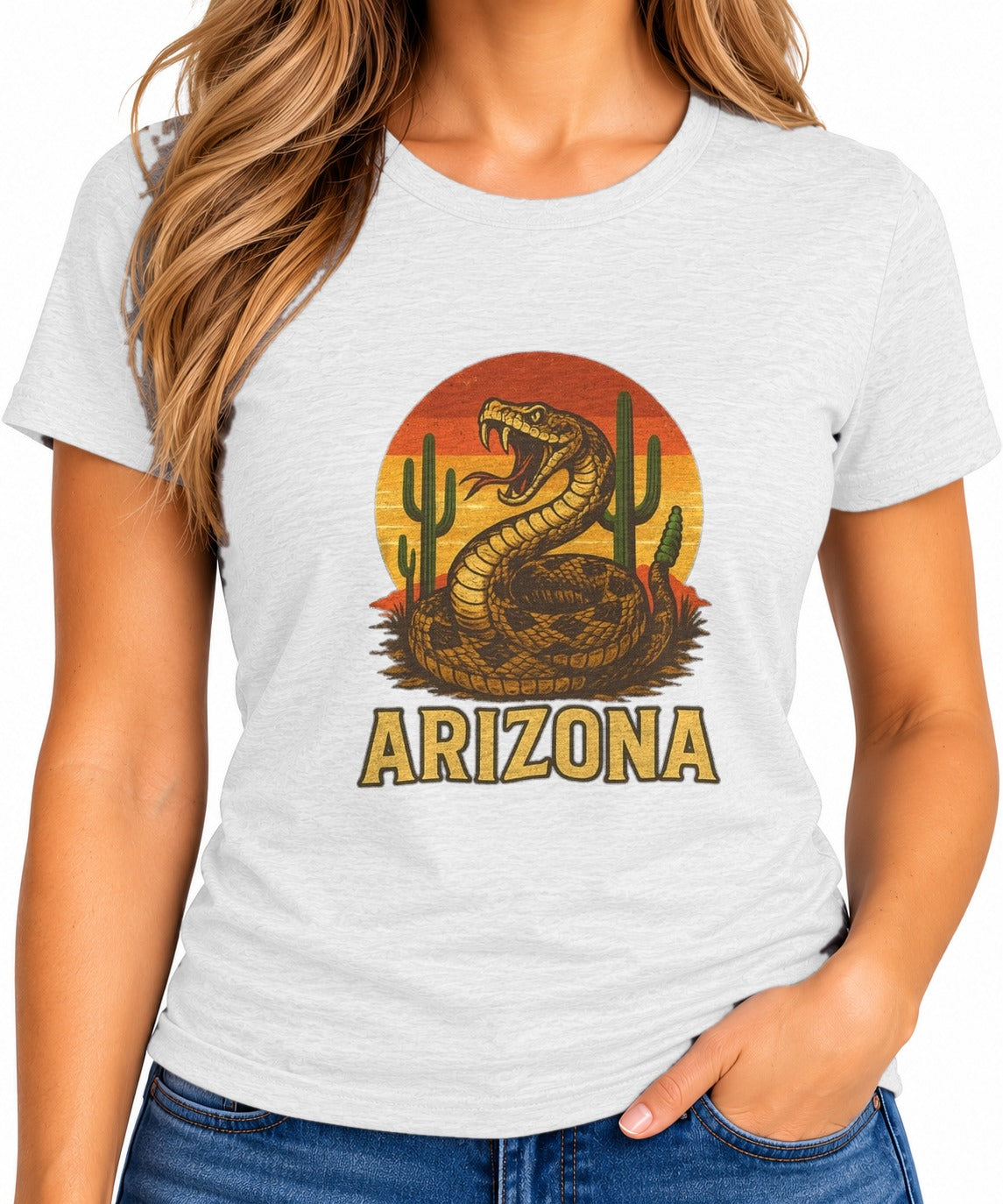 Woman wearing the Arizona Rattlesnake Vintage Sunset T-Shirt