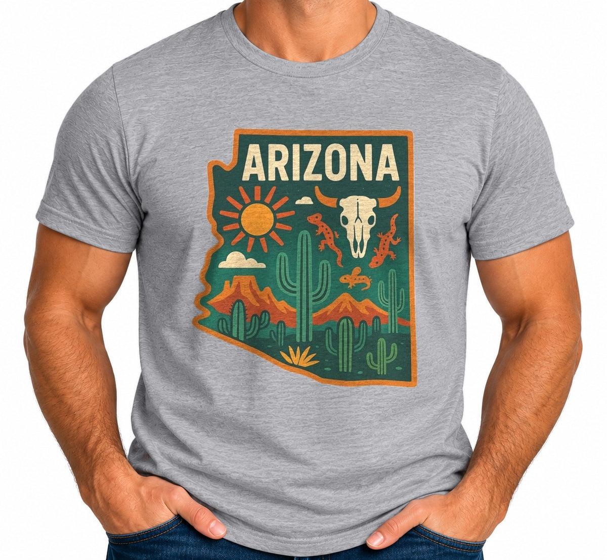Man wearing the Cactus, Skull & Sunset T-Shirt