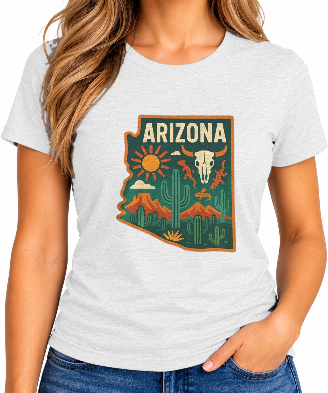 Woman wearing the Cactus, Skull & Sunset T-Shirt