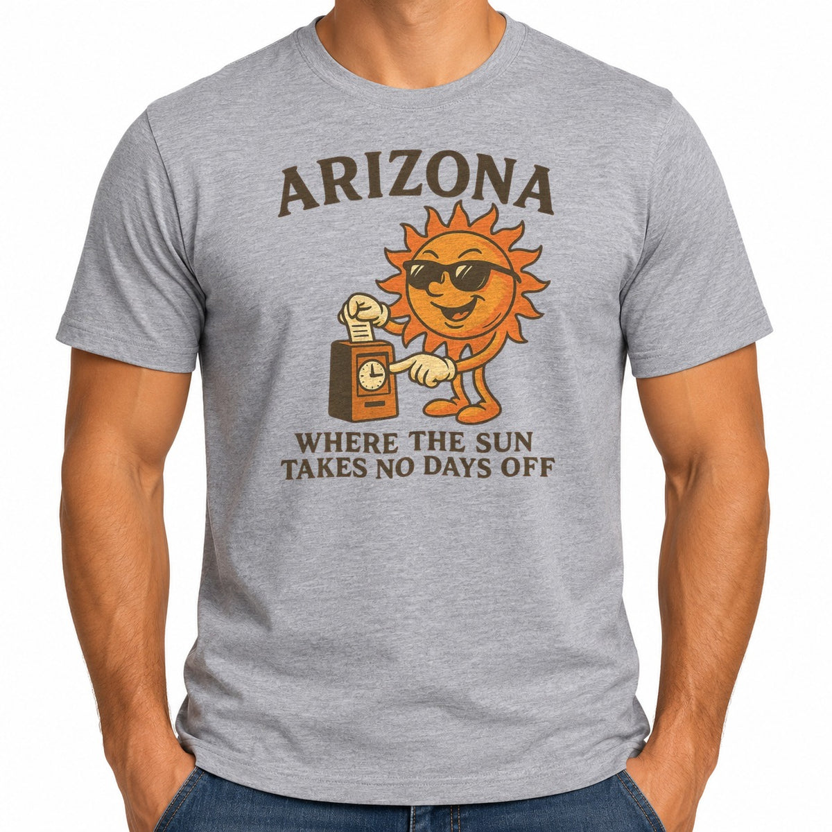 Man wearing the Where the Sun Takes No Days Off T-Shirt