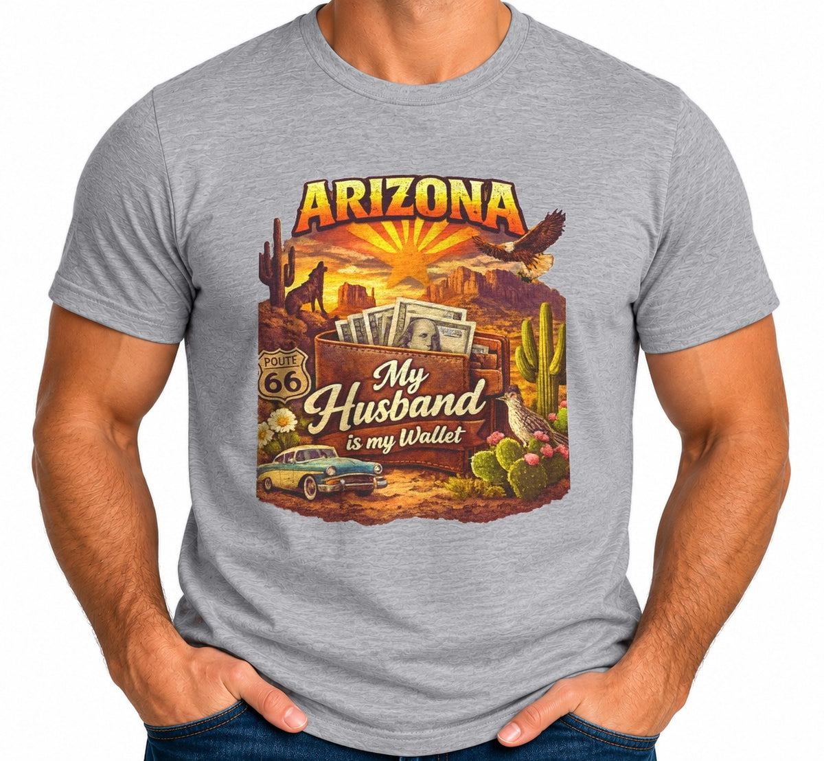Man wearing the My Husband Is My Wallet T-Shirt