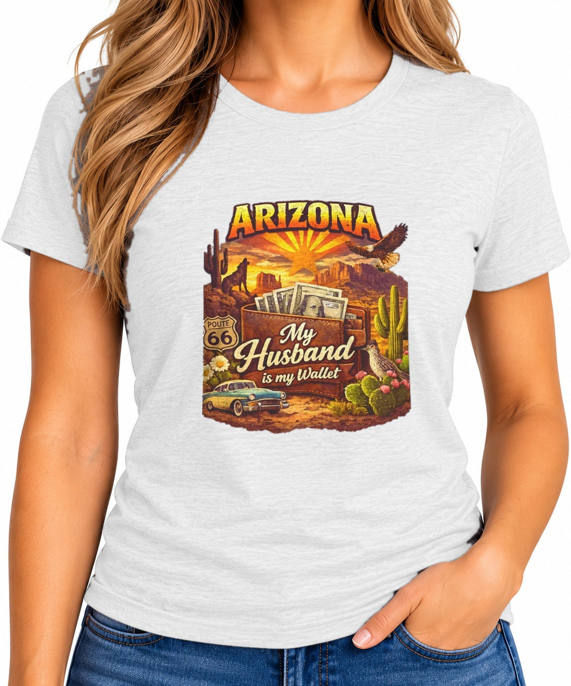 Woman wearing the My Husband Is My Wallet T-Shirt