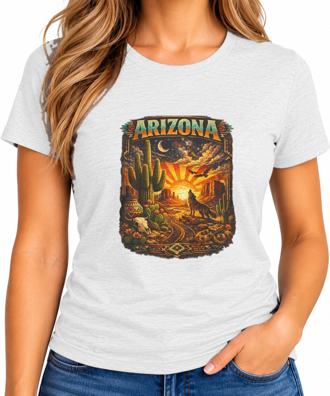 Woman wearing the Arizona Desert Sunset T-Shirt