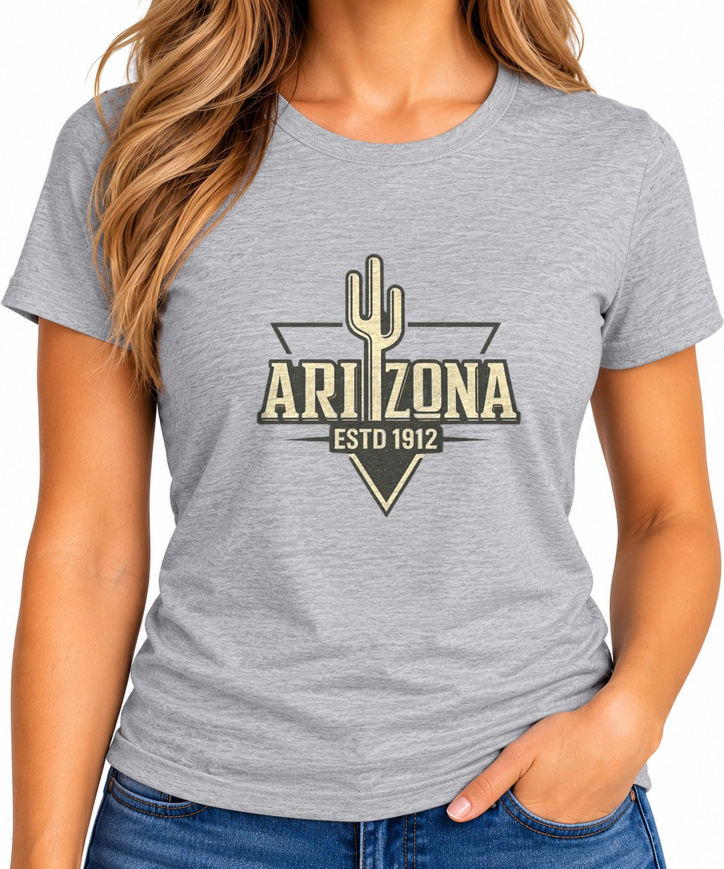 Woman wearing the Arizona Cactus Vintage Logo T-Shirt