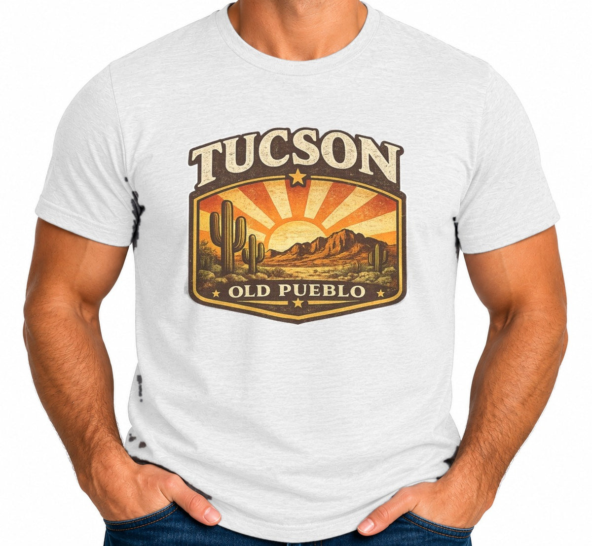 Man wearing the Tucson Vintage Sunset T-Shirt