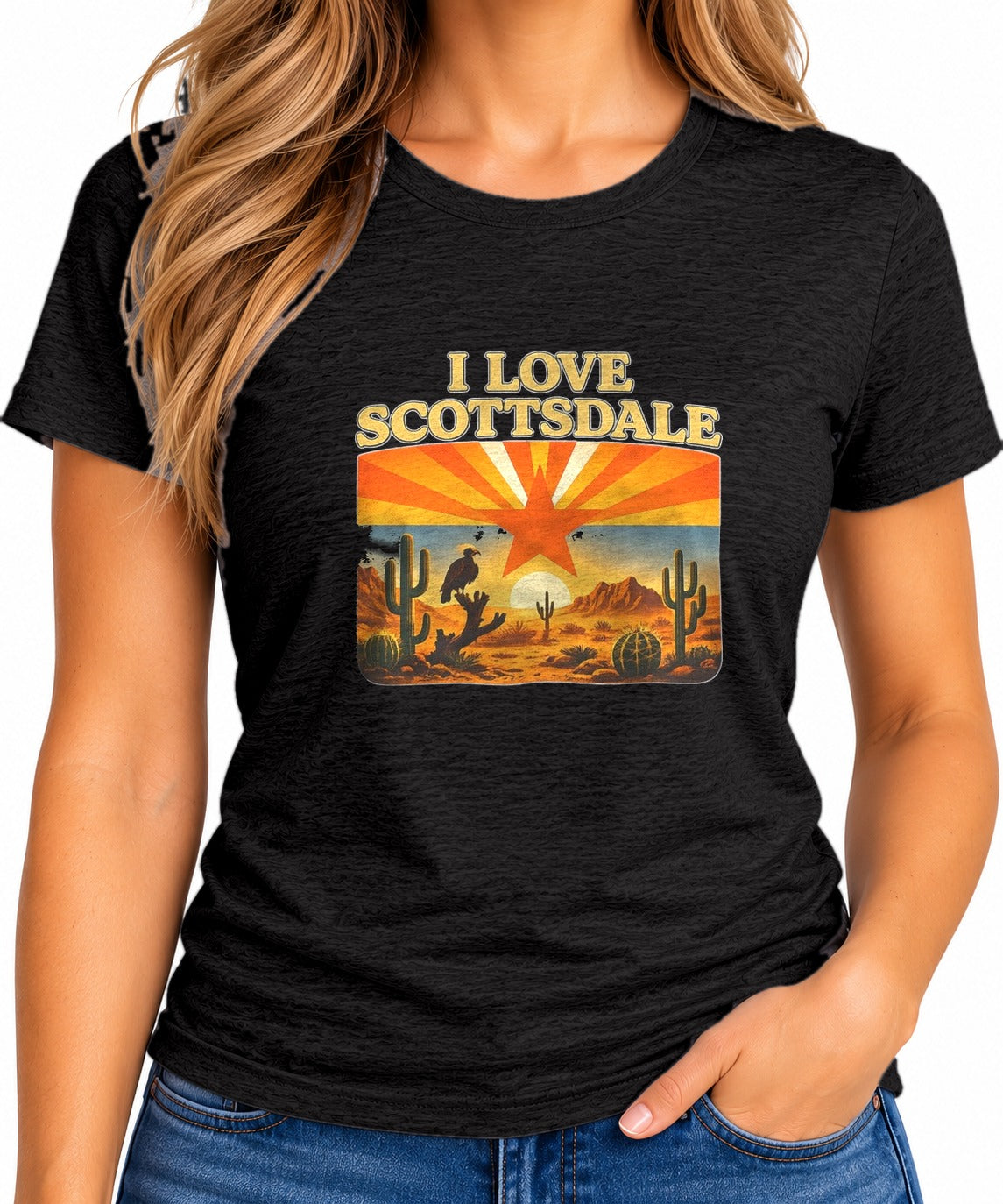 Woman wearing the Scottsdale Desert Retro T-Shirt