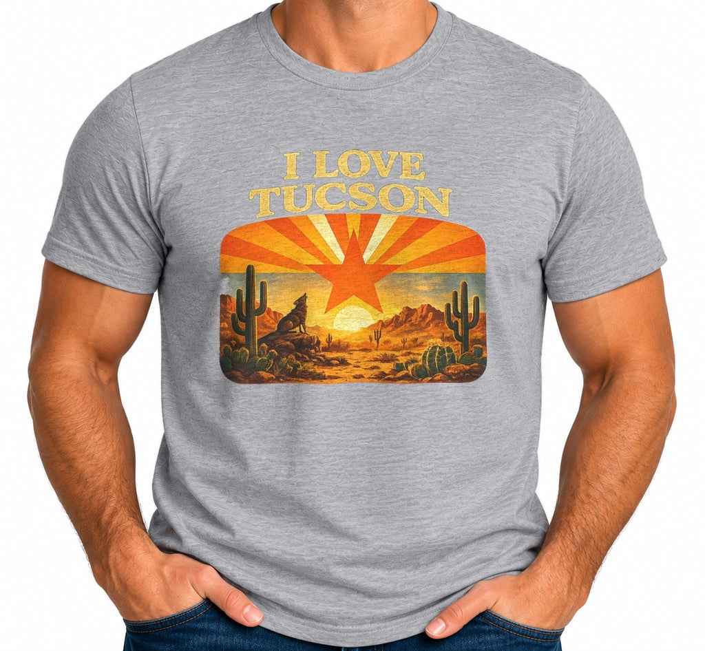 Man wearing the I Love Tucson Sunset Vintage Desert Cactus T-Shirt