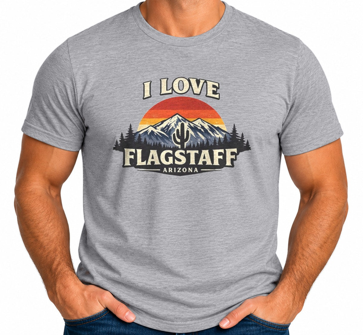 Man wearing the I Love Flagstaff Retro Mountain T-Shirt