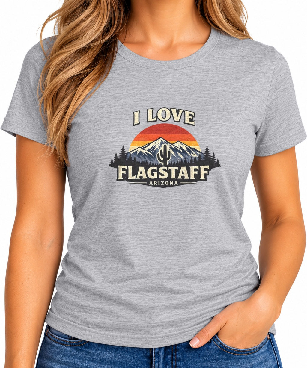 Woman wearing the I Love Flagstaff Retro Mountain T-Shirt