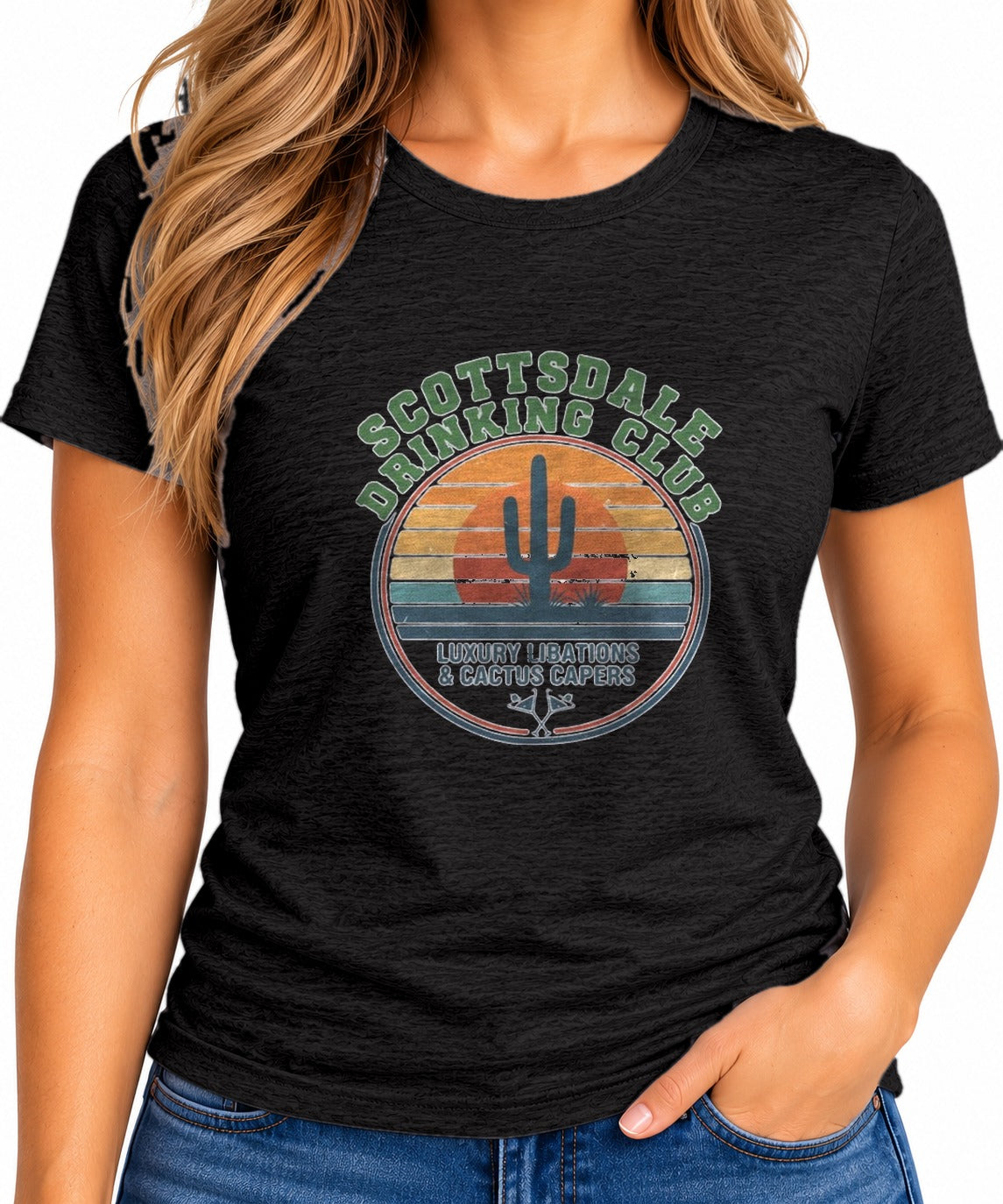 Woman wearing the Scottsdale Drinking Club Retro Cactus Sunset T-Shirt