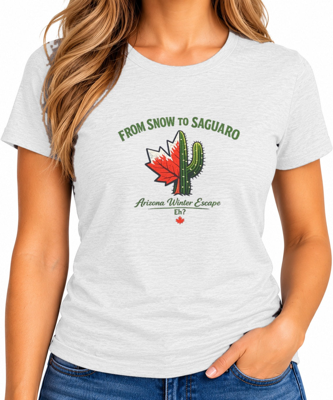 Woman wearing the Arizona Winter Escape T-Shirt