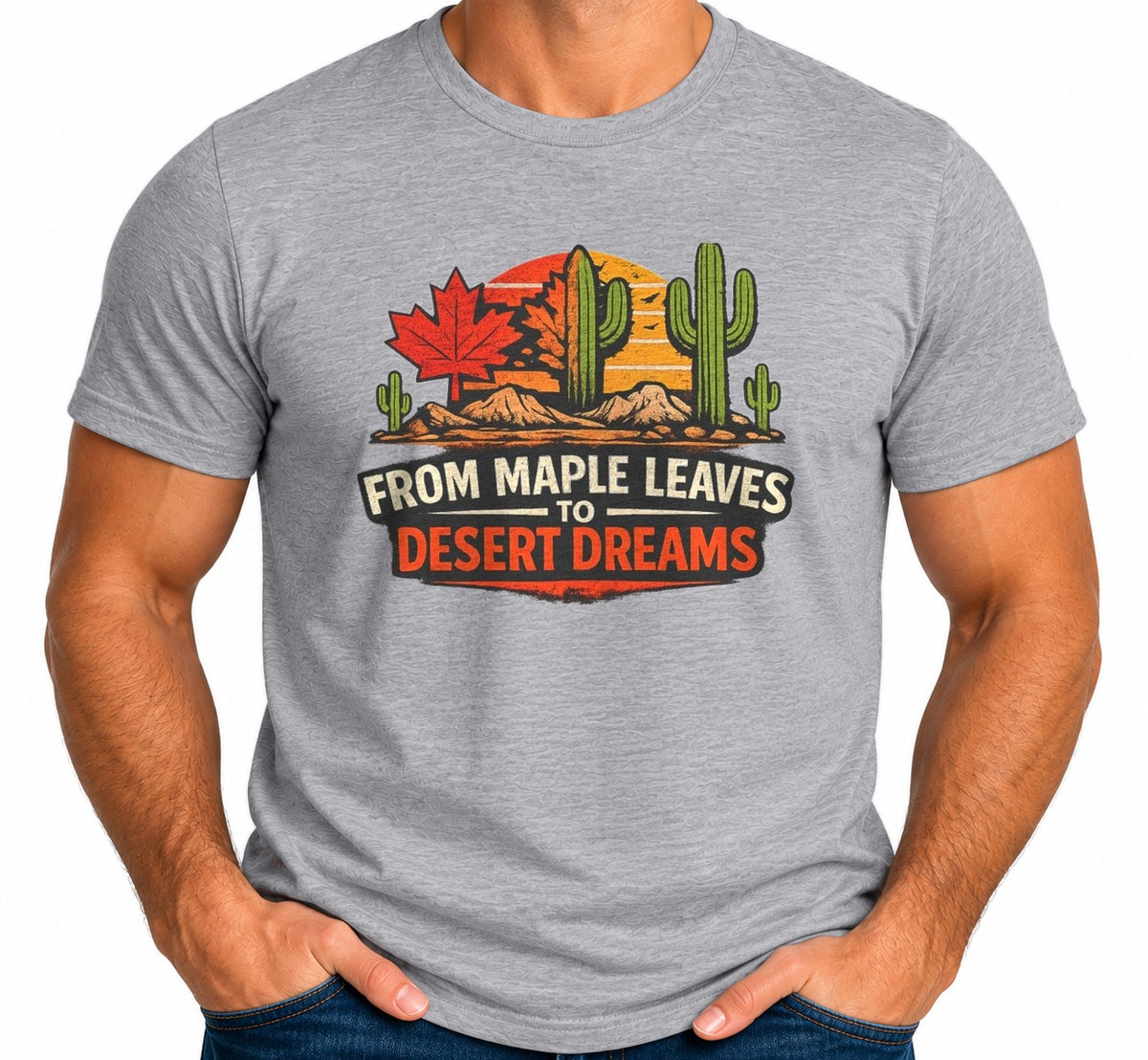 Man wearing the Maple Leaves to Desert Dreams T-Shirt