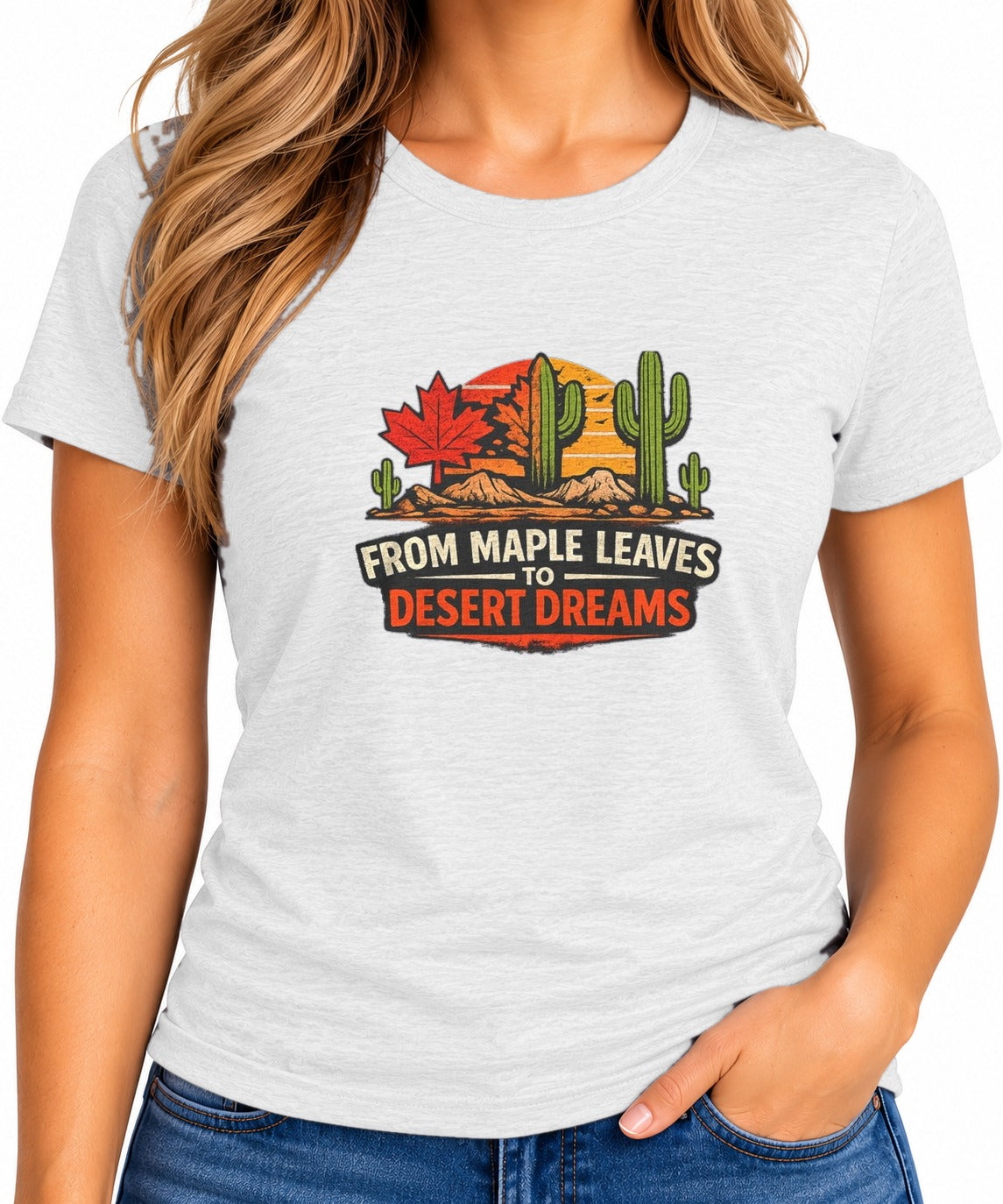 Woman wearing the Maple Leaves to Desert Dreams T-Shirt