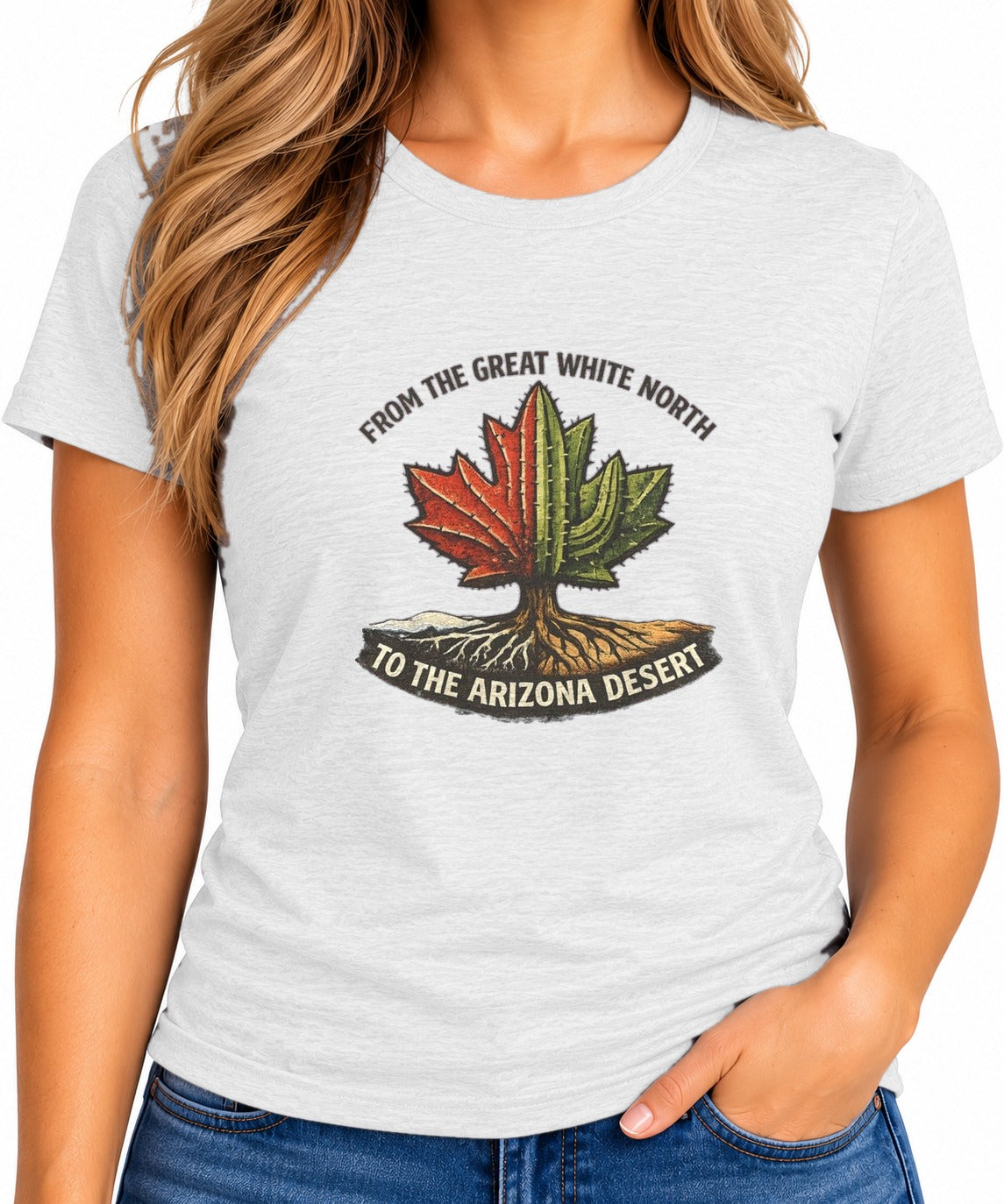 Woman wearing the Canada to Arizona Travel T-Shirt