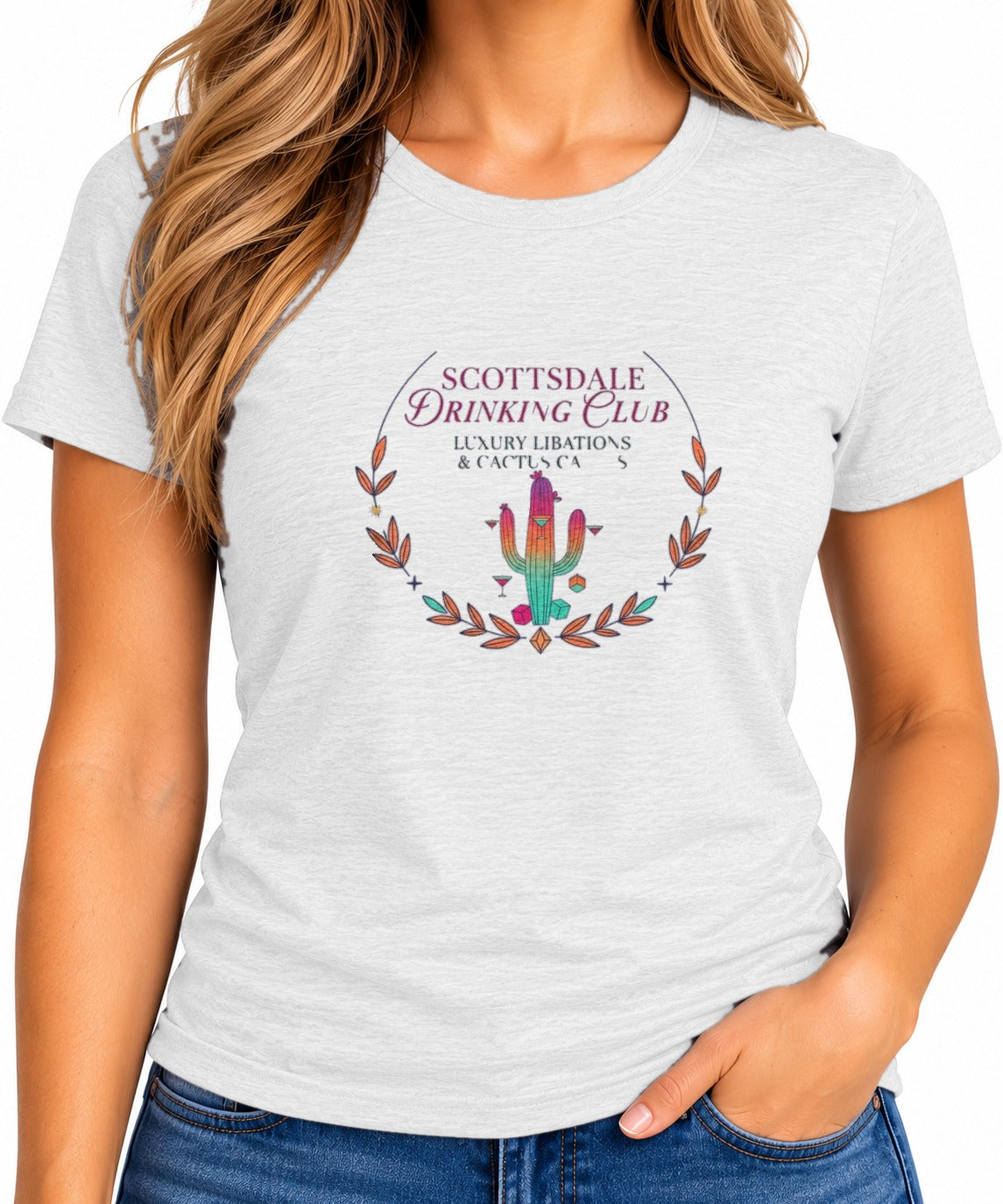 Woman wearing the Scottsdale Drinking Club T-Shirt