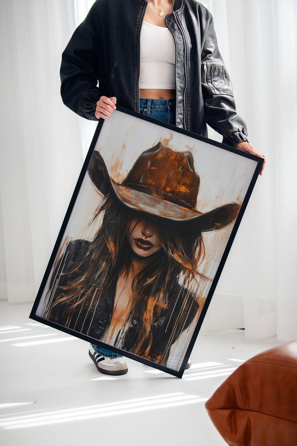 Cowgirl in Crimson modern Western cowgirl painting wall art, view 11