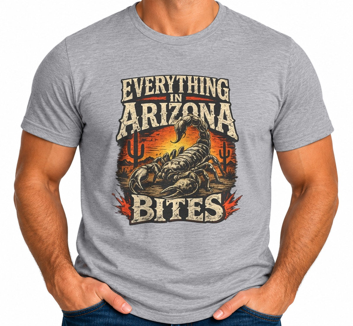 Man wearing the Everything in Arizona Bites T-Shirt