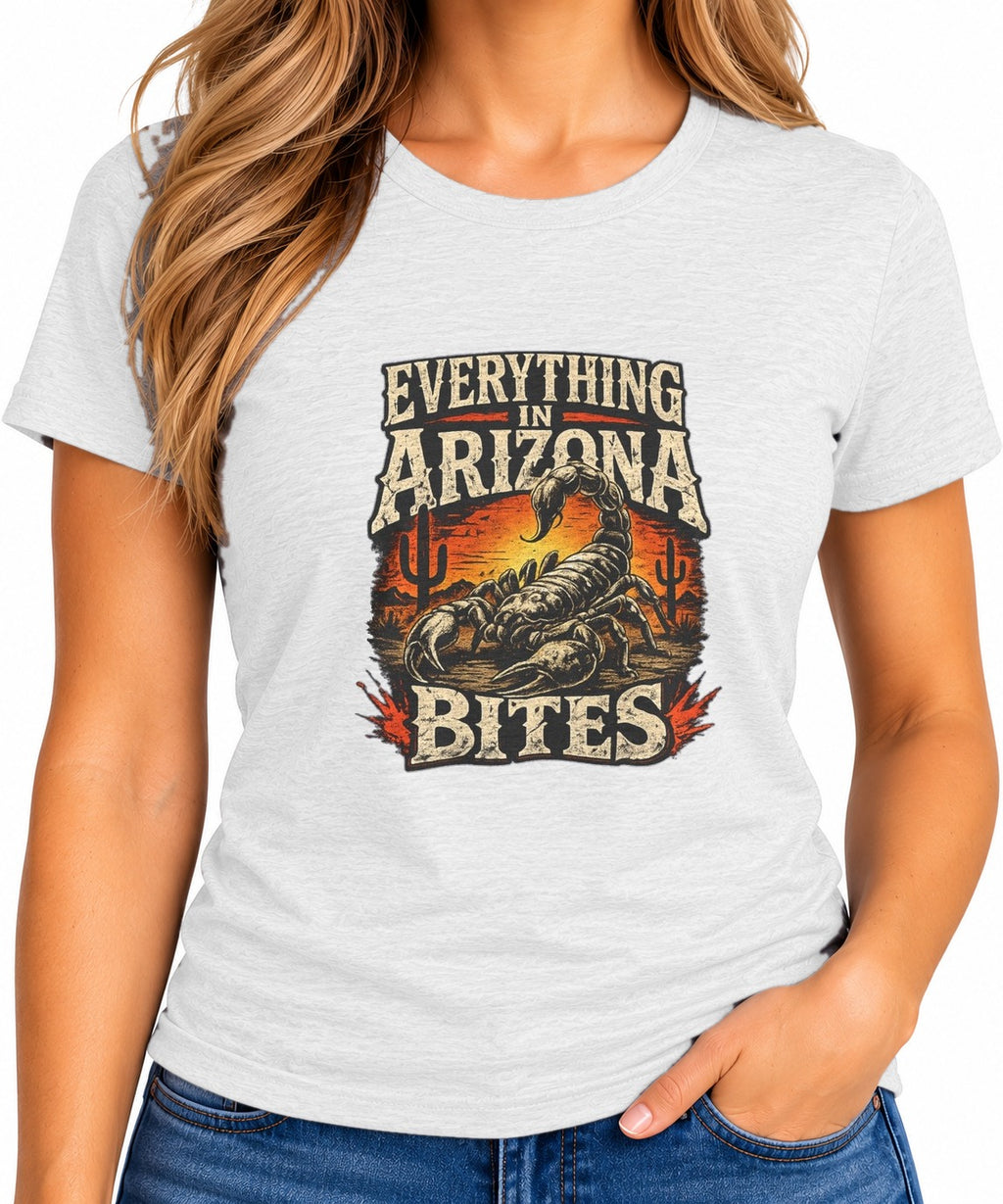 Woman wearing the Everything in Arizona Bites T-Shirt