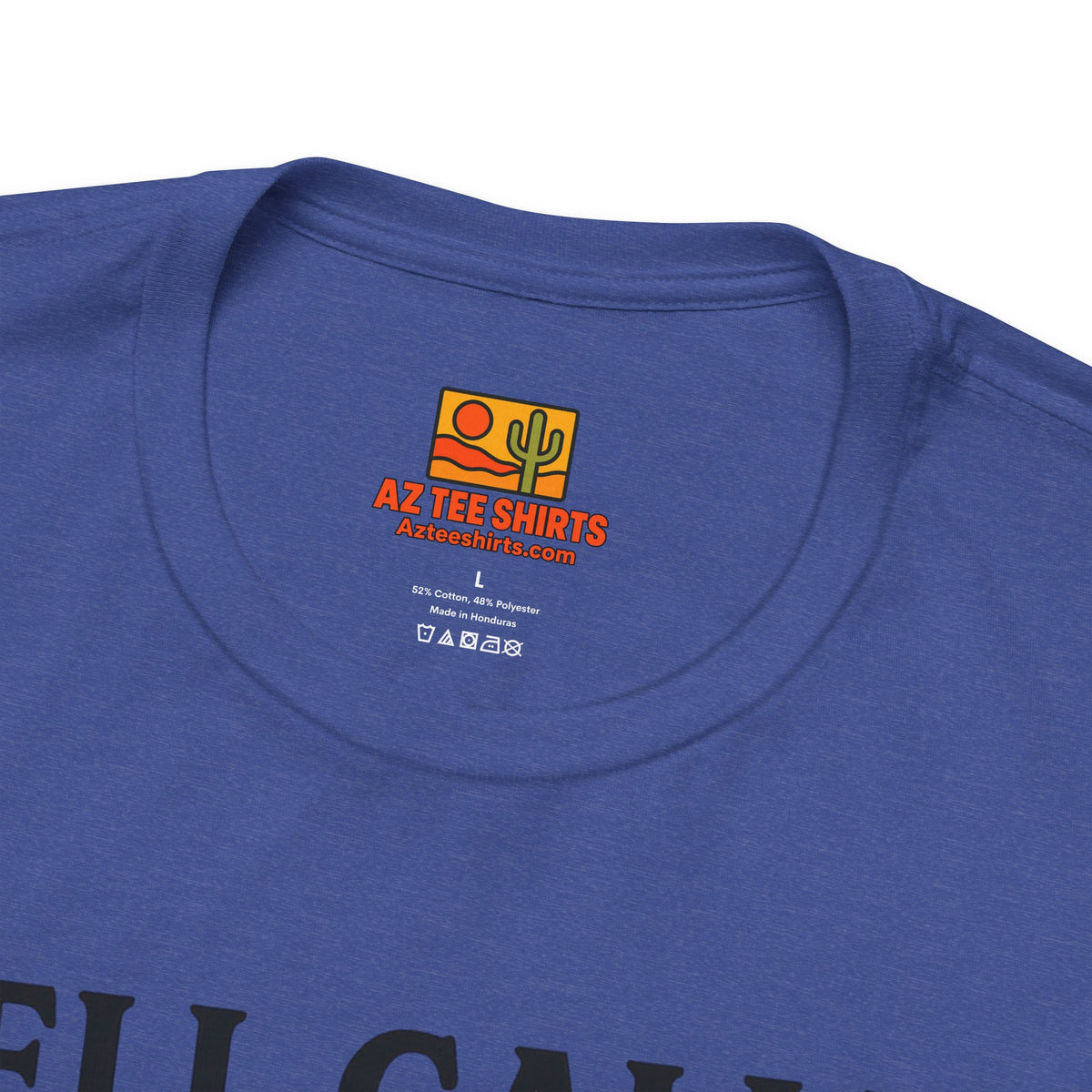 Close-up of the printed inside neck label on the blue Hell Called They Want Their Weather Back T-shirt