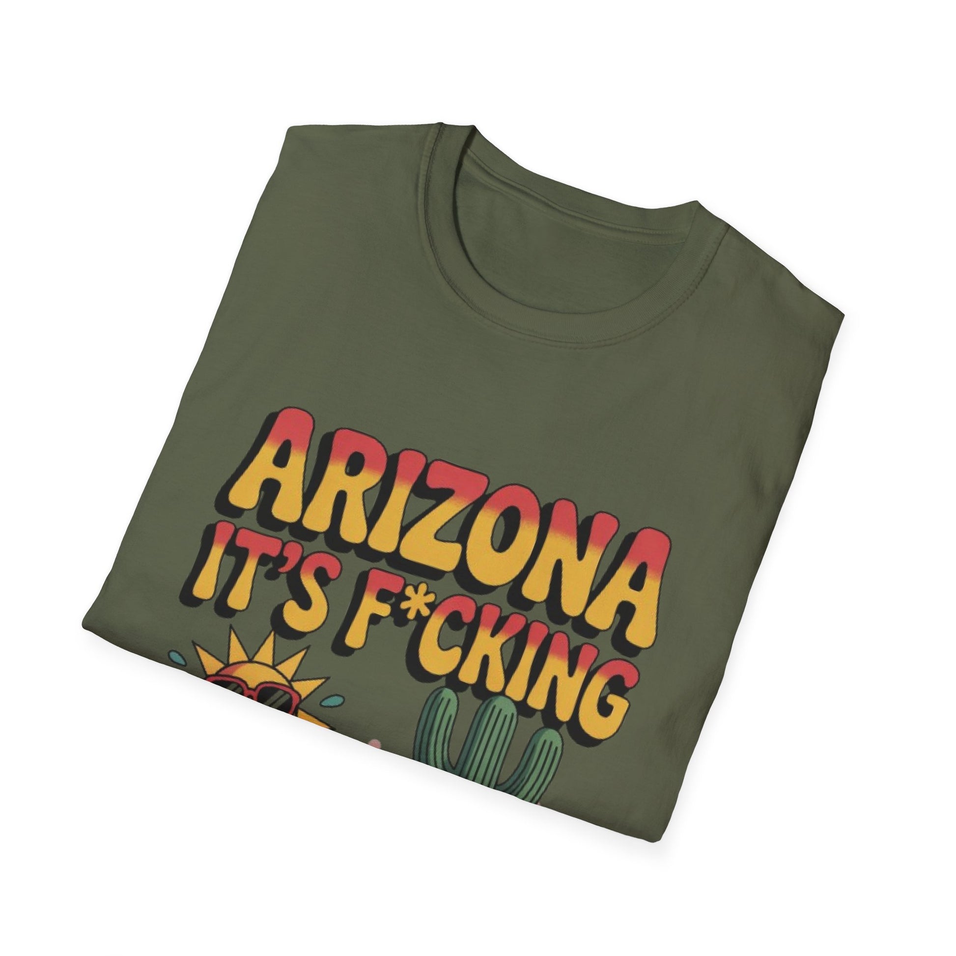 Arizona It's F*cking Hot Here Unisex Softstyle T-Shirt, Summer Vibes Tee, Funny Gifts, Casual Wear, Vacation Shirt, Desert Humor Tee