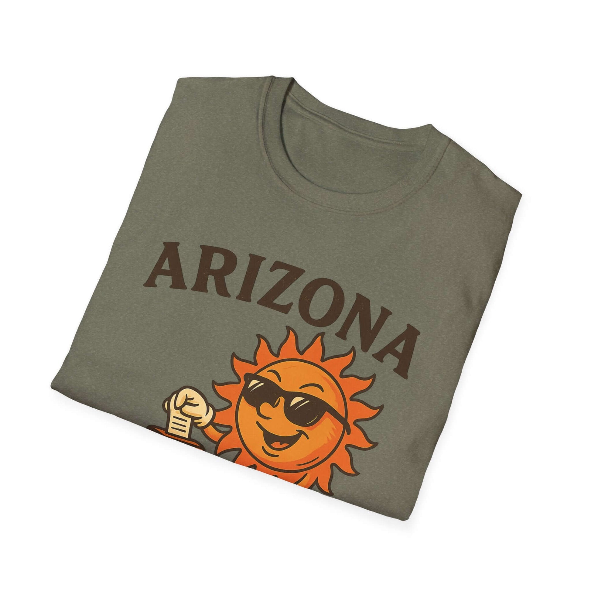 Arizona sun graphic t-shirt in olive green, perfect for summer vacations and casual outings.