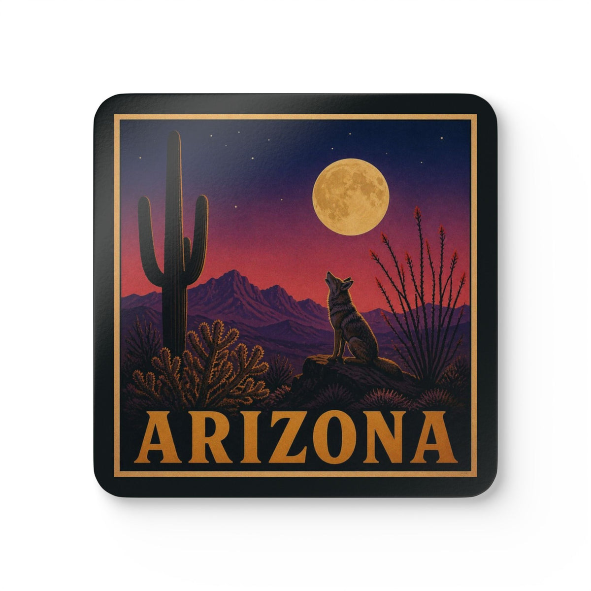 Single Arizona coyote and full moon coaster, vintage travel poster style, 3.75 inch square