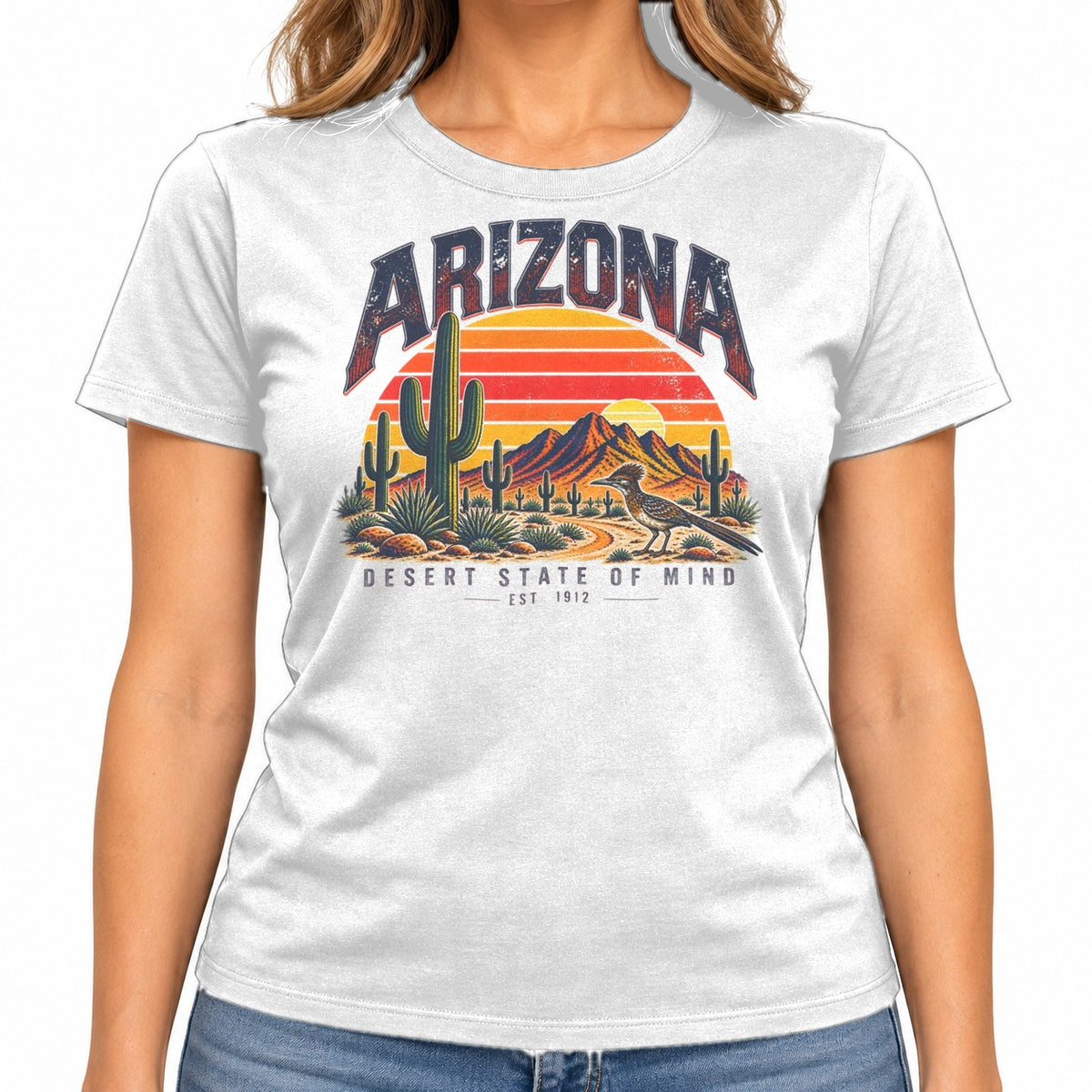 Woman wearing the Arizona Desert State Vintage Graphic T-Shirt