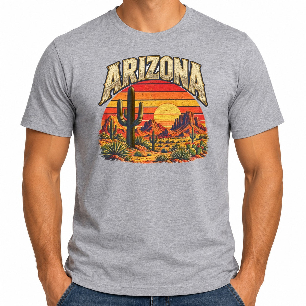 Man wearing the Arizona Saguaro Sunset T-Shirt