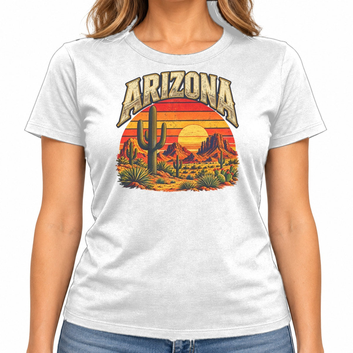 Woman wearing the Arizona Saguaro Sunset T-Shirt