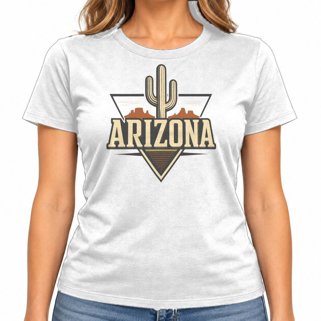 Woman wearing the Arizona Saguaro Desert Mesa T-Shirt