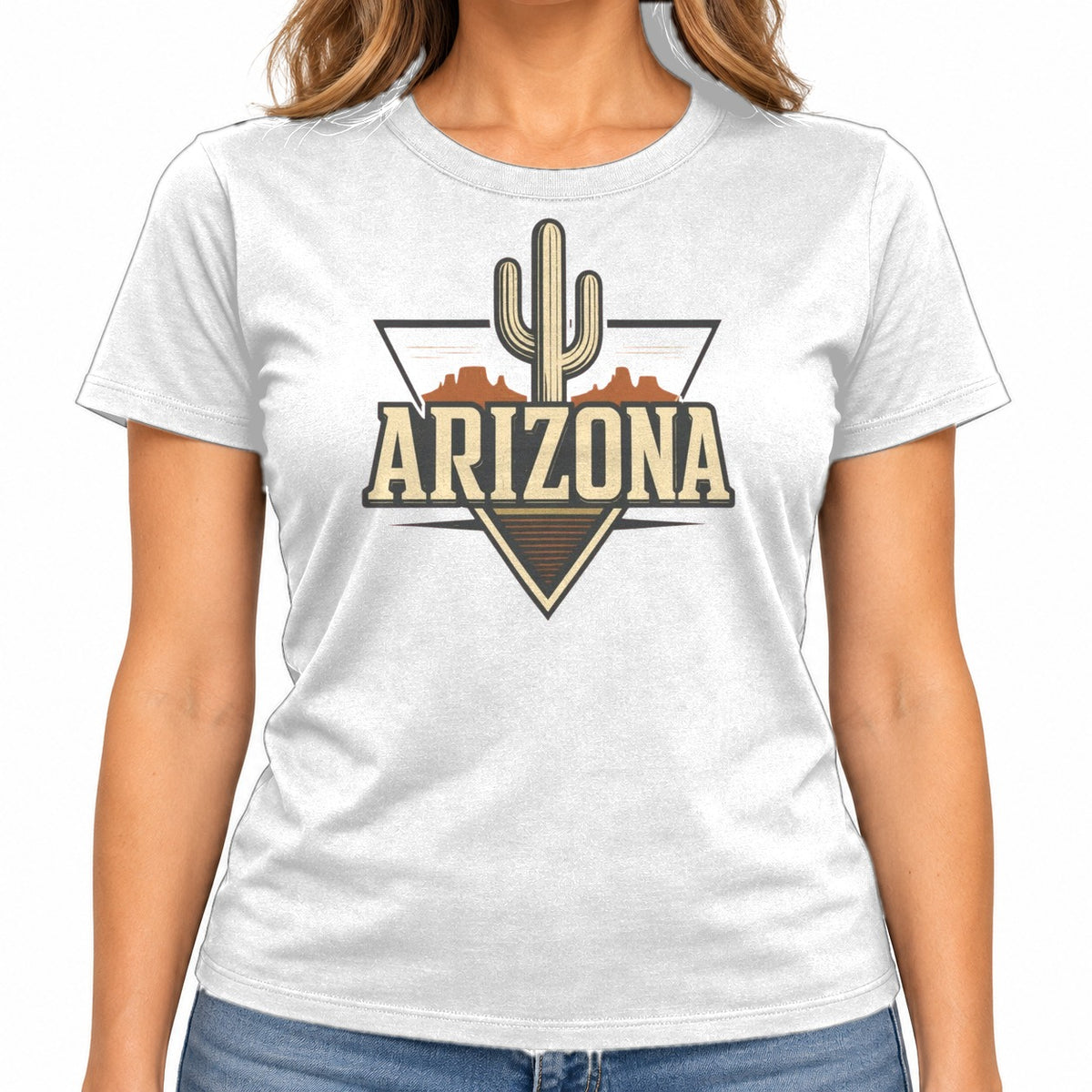 Woman wearing the Arizona Saguaro Desert Mesa T-Shirt
