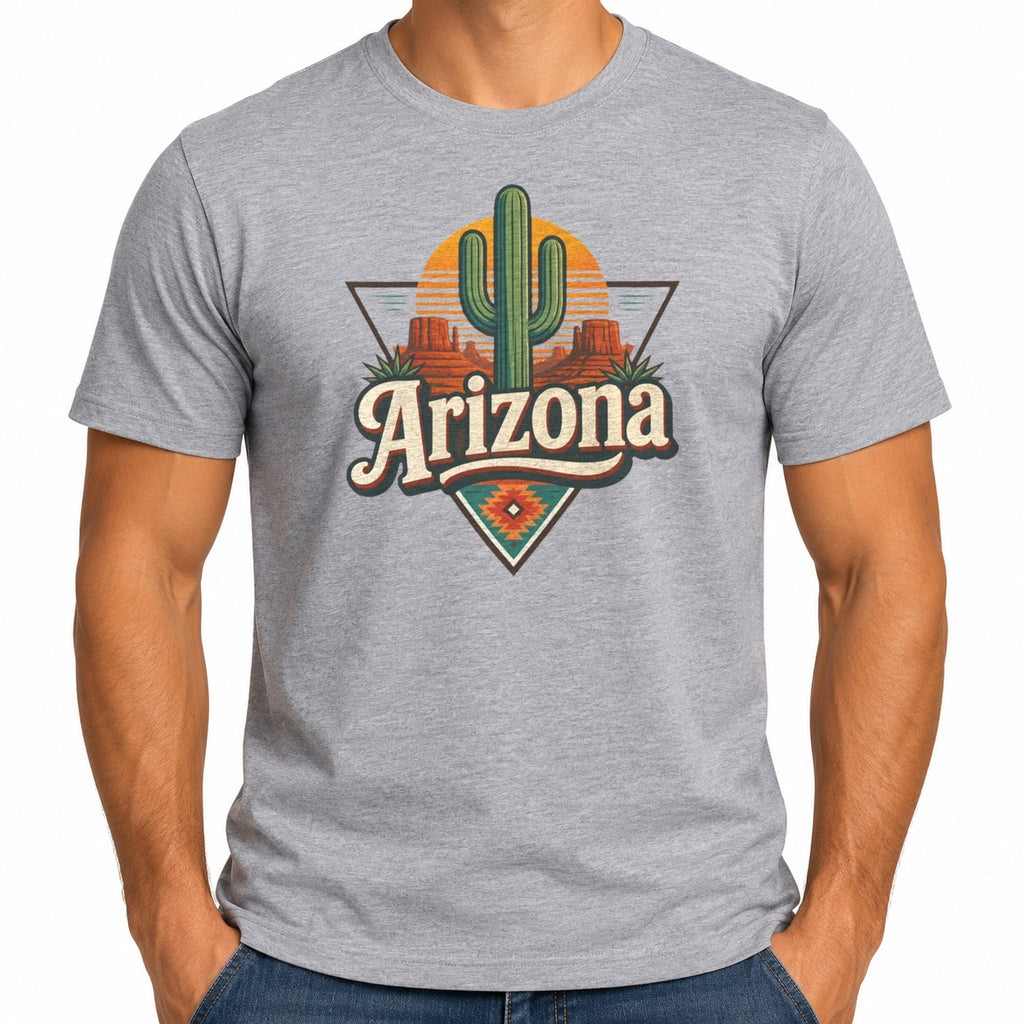 Man wearing the Vintage Arizona Saguaro Sunset T-Shirt